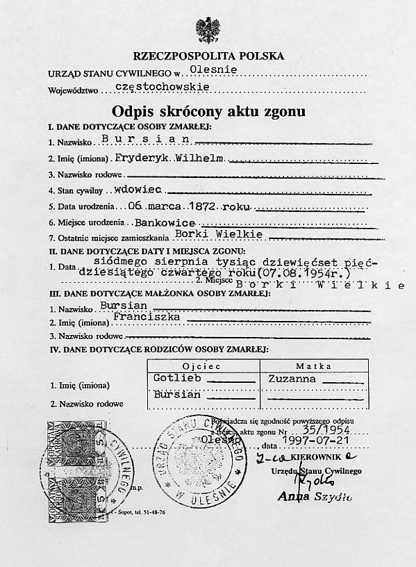 F Bursian Death Certificate